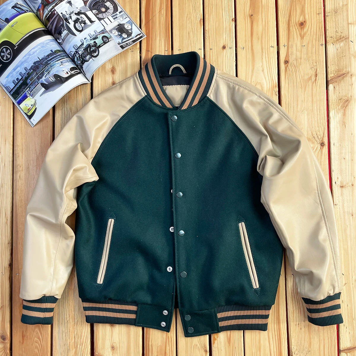 Premium Sheepskin Leather Baseball Jacket Men's Loose Fit Retro Style Wool Blend Outerwear Youthful Casual Winter Coat