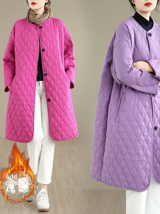 Korean Japanese High End plus Size Cotton Jacket Women's Casual Versatile Diamond Pattern Mid-Length Color round Neck Coat
