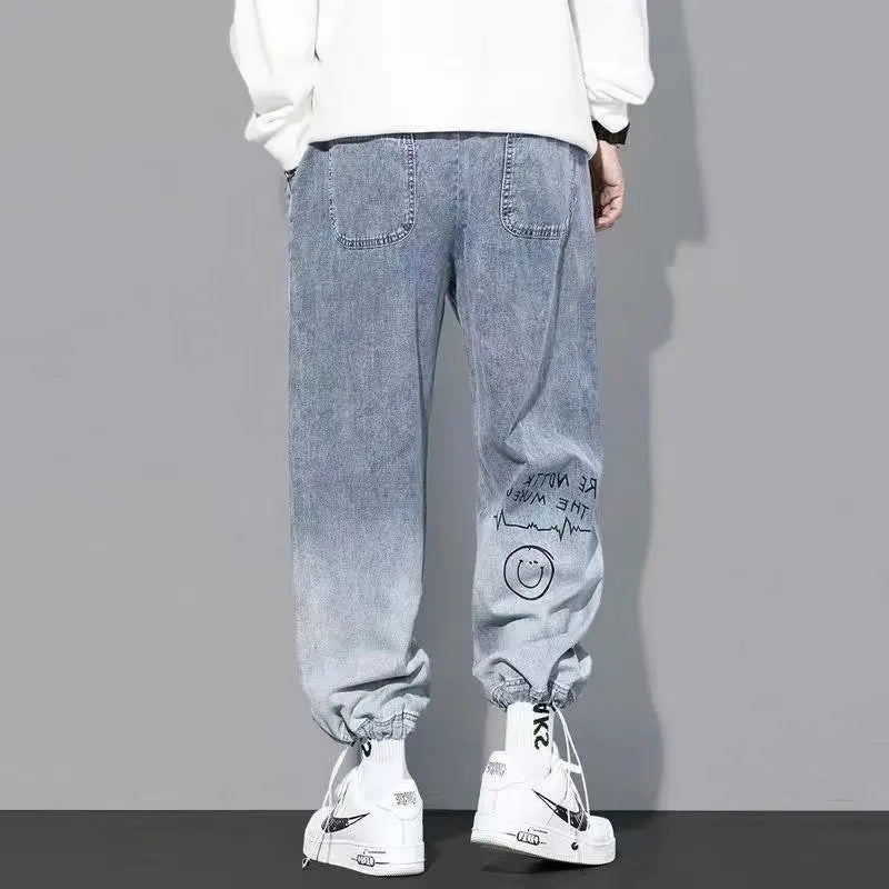 Korean Clothing Men Letter Printed Jeans High Waisted Baggy Jeans Cartoon Graffiti Hip-Hop Pants Blue Jeans