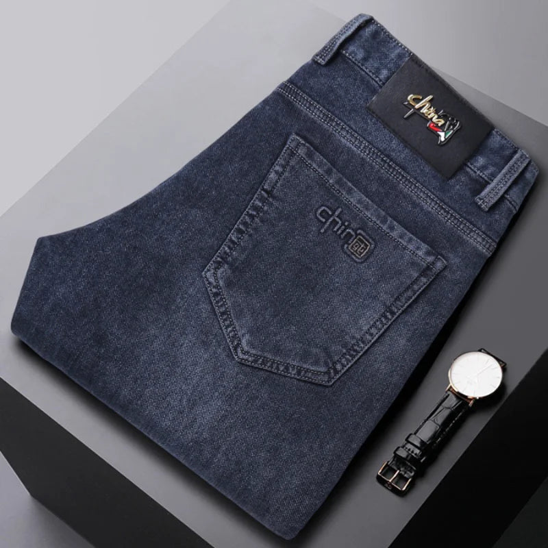 2024 New Black Men's Autumn Winter Thick Jeans Classic Style Stretch Business Loose Straight-leg Casual Pants Men's Denim Pants