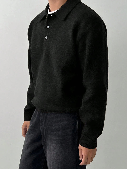 LVLAEA Solid Color Men Fall Winter Loungwear Shirt Long Sleeve Lapel Buttonup Collar Old Money Style Loose Warm Fashion Pullover