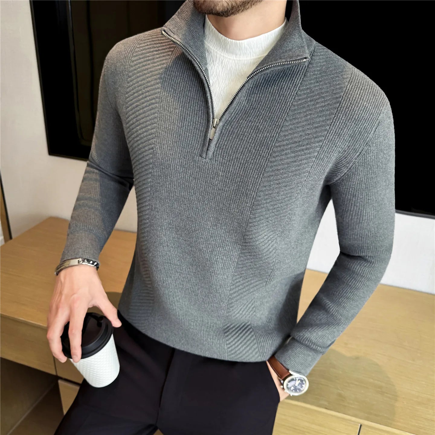Men's Semi-Zip Knit Sweater - White (Gray/Black) Winter Weight Fabric Fashionable Semi-High Neck Daily Wear