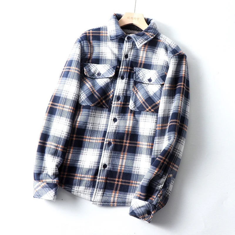 Thickened Plaid Shirt Coat Couples Style Fleece Lined Lamb Fur Casual Warm Outerwear for Men And Women Polyester Fabric