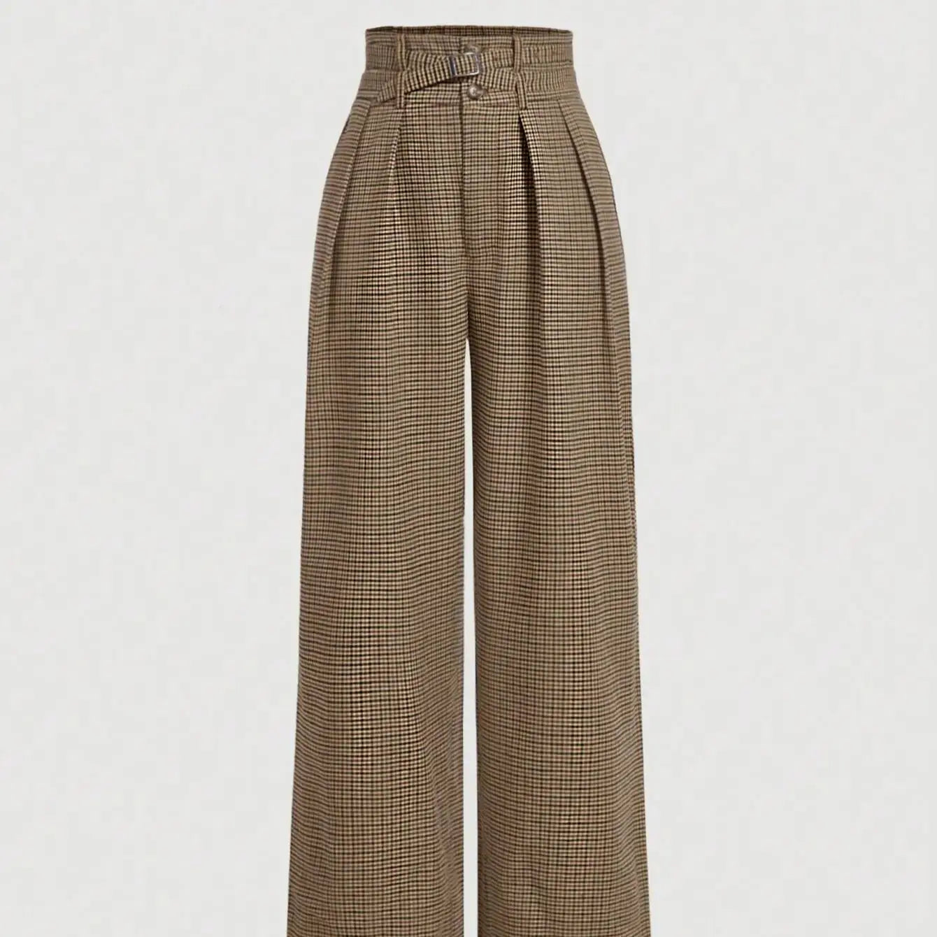 Women's plaid wide-leg trousers, retro high-waisted casual trousers, cargo style trousers with belt