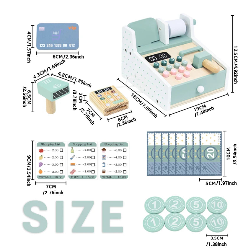 Wooden Simulated Cash Register Pretend Play Toy with Toy Coins and Bills Children Shopping Play House Game for Kids 3 Years Gift