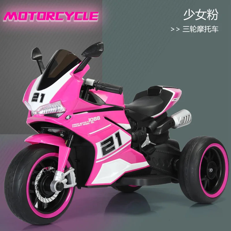 Kids 3 Wheel Electric Motorcycle Ride On Toy Car Rechargeable Dual Drive Remote Control with LED Lights Music for Baby Toddler