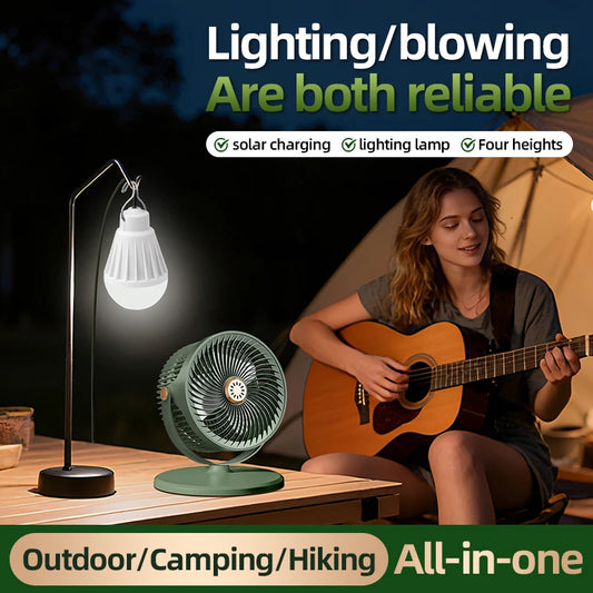 2026 New Upgrade Camping Solar Fan With 4000mAh Battery Powered Tent Camp Fan With Light 5 Speed Wind Adjustable Air Cooling Fan