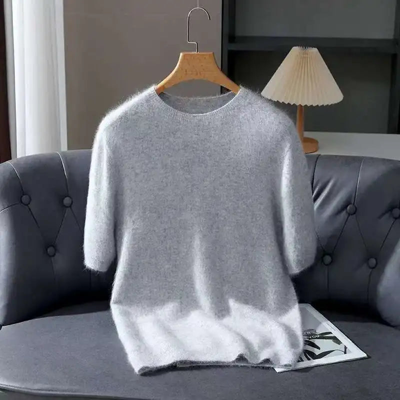 Spring Autumn 100% Mink Cashmere Short Sleeve Men's T-Shirt Loose O-Neck Solid Color Knit Sweater Casual Business Base Pullover
