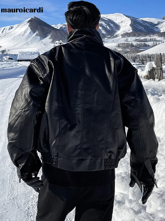 Mauroicardi Autumn Winter Waterproof Windproof Oversized Thickened Warm Black Faux Leather Jacket Men Zip Up Casual Cool Fashion
