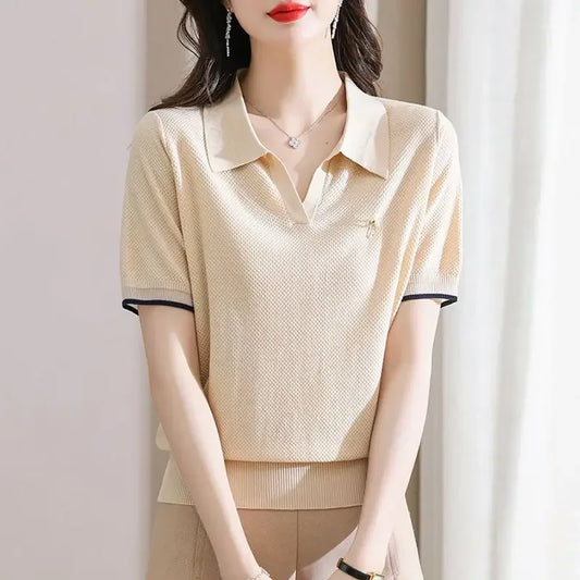Polo Neck Shirt for Women Cute Plain Kawaii Baggy Red Woman T Korean Clothing Synthetic Luxury Fashion 2025 Pretty in Trend New