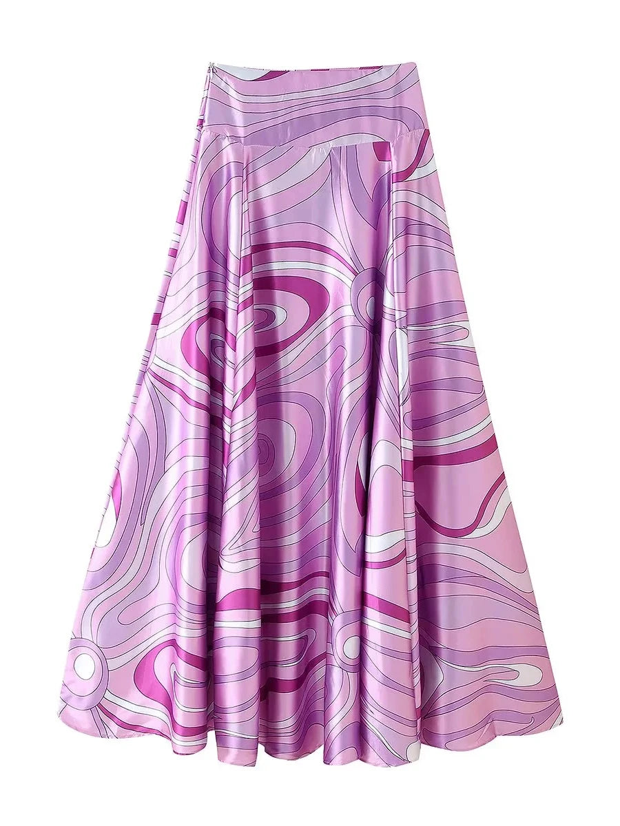 TWOTWINSTYLE Holiday Elegant Printing Two Piece Set for Women O Neck Short Sleeve Top High Waist Maxi Skirt Suit Female Style