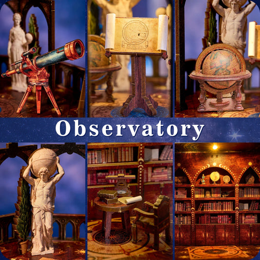 Book Nook Kit Observatory DIY 3D Wooden Puzzle Bookshelf Insert Dollhouse Model Bookend Building Home Decoration Gifts