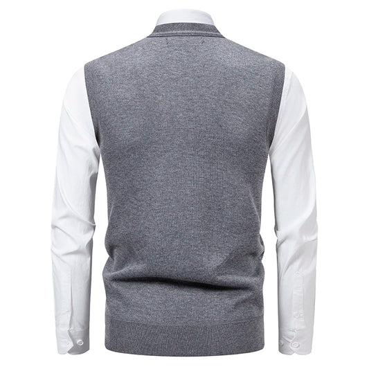 Men's V-Neck Sleeveless Vest Knitted Button Cardigan Geometric Waistcoat Autumn Winter Fleece Lined Knit Vests