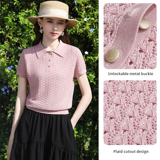 I BELIEVE YOU Short-Sleeved Polo Collar Knit T-shirt 2026 Spring New Plaid Hollow-out Loose Gentle Tops for Women 2261146256