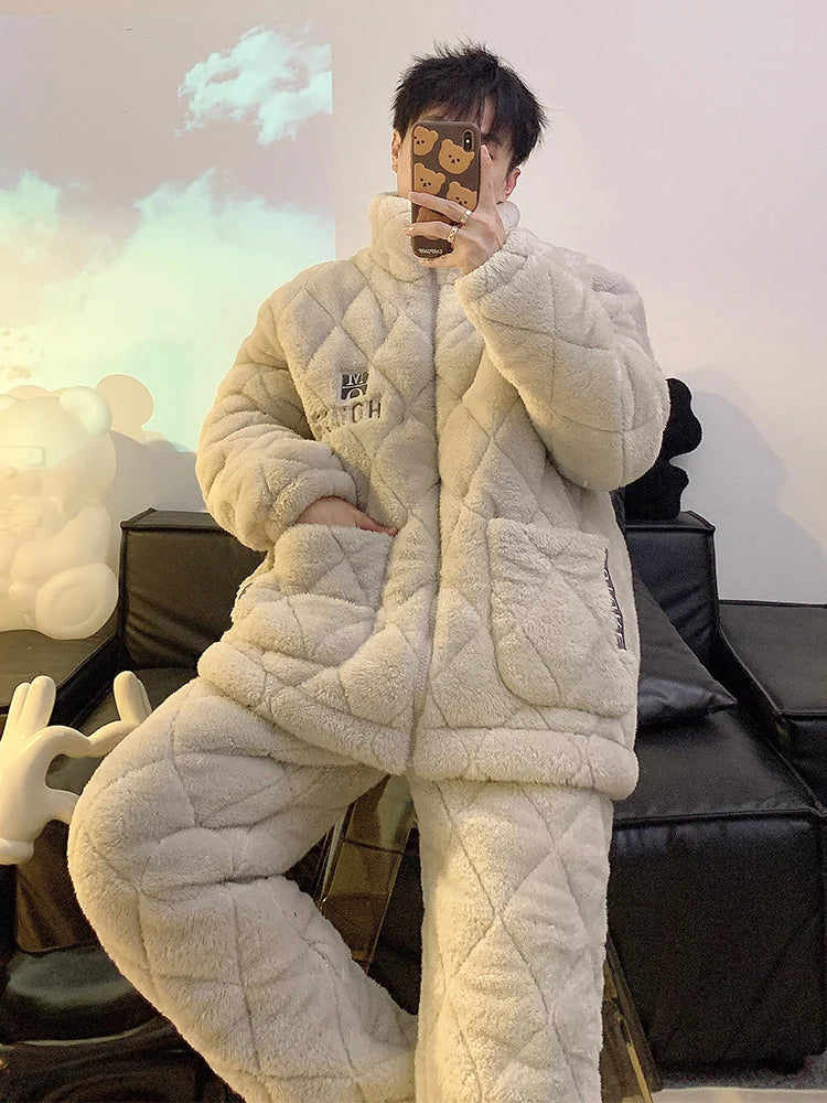 Men's Coral Fleece Sleepwear Thickened Cotton Sandwich Home Clothes Long Sleeve Zipper Closure Warm Home Suit for Autumn Winter