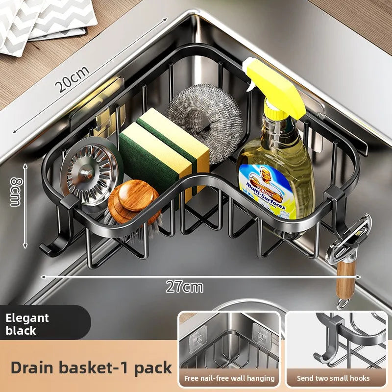 Kitchen Carbon Steel Sink Drain Rack No-Punching Wall Mounted Corner Dishcloth Storage Rack Waterproof Space Saving