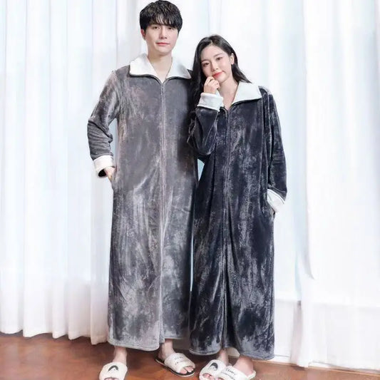 2025 New Flannel Zipper Nightgown Men Women Double-sided Thicken Flannel Pajamas Solid Color Couples One-piece Home Sleeprobe