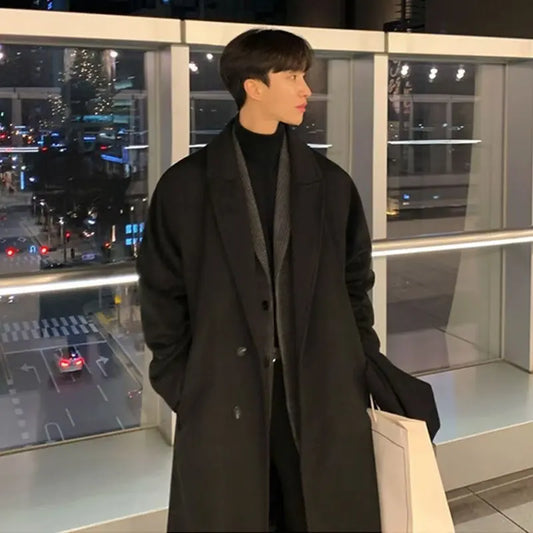 Lapel Men's Long Woolen Coat, Korean Midi-length Trench Coats, Solid Color Classsic Mans Winter Jacket
