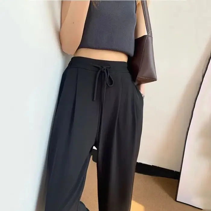 Ice Silk High Waist Wide Leg Pants Women Summer Loose Thin Straight Casual Trousers Korean Style Polyester Fiber Skin-friendl...