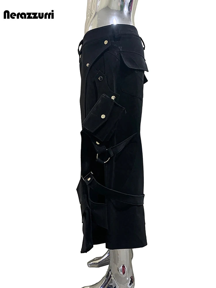 Nerazzurri Summer Matte Black Cargo Calf Length Straight Pants for Men with 3D Pockets High Waist Luxury Designer Emo Clothes
