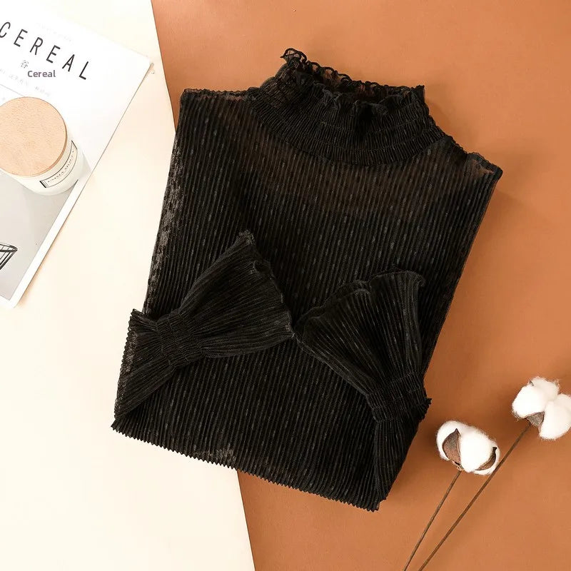 Elegant High Collar Lace Base Shirt Women's Long Sleeve Autumn Winter Fashion Inner Wear Polka Dot Mesh Top Straight Cut Holl...