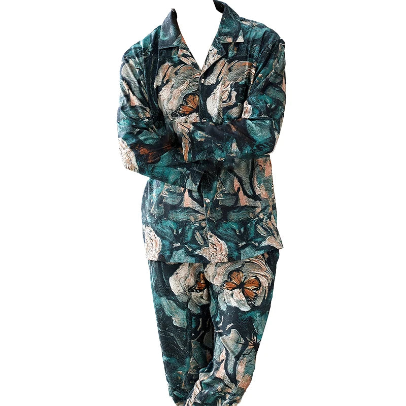 Two piece sets men's pajamas autumn and winter long sleeved pants with lotus leaf pattern sleepwear set