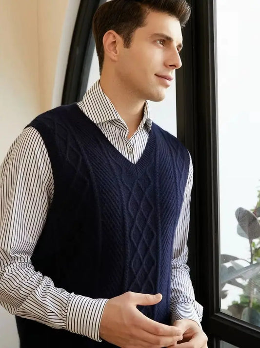 100% pure cashmere sweater men's vest vest V-neck autumn and winter knit loose twisted flower sleeveless thick sweater vest