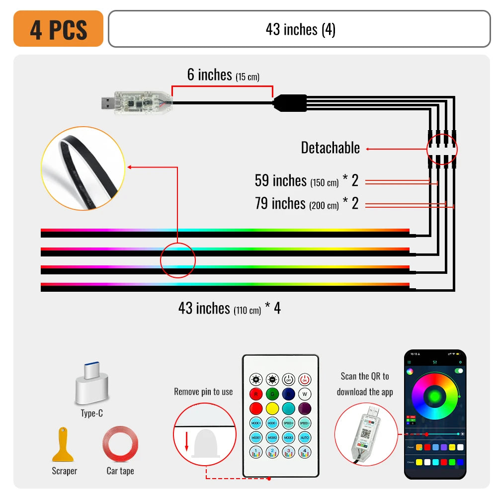 Universal 43-inch RGB Car Interior Lighting Kit with App Control - 64 Colors & 8 Dynamic Modes