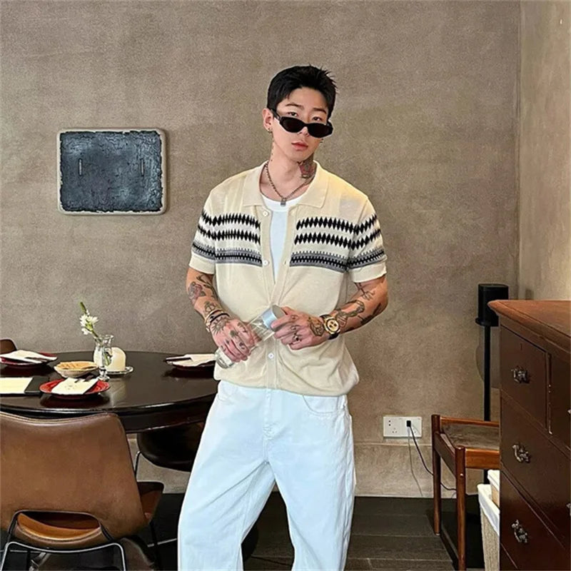2026 Summer Men's Button Cardigan Knit Short Sleeve T-Shirt Fair Isle Cleanfit Casual Polo Shirts Stripe Color-Block Collar Top