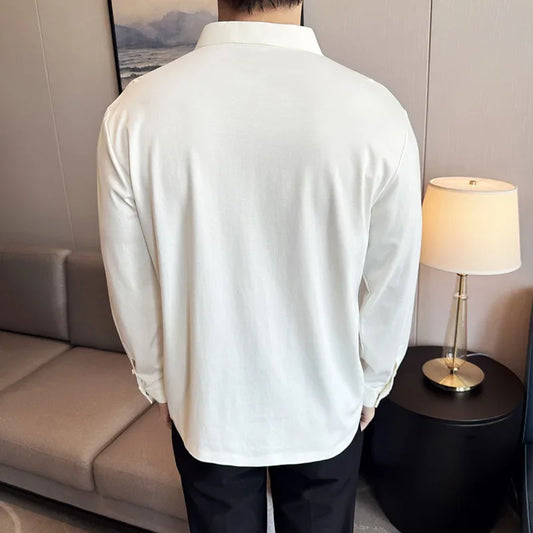 Men Long Sleeved Polo Shirt 2026 Spring British Style Solid Casual Elastic Slim Fit T-shirt Formal Dress Polo Shirt Men Clothing