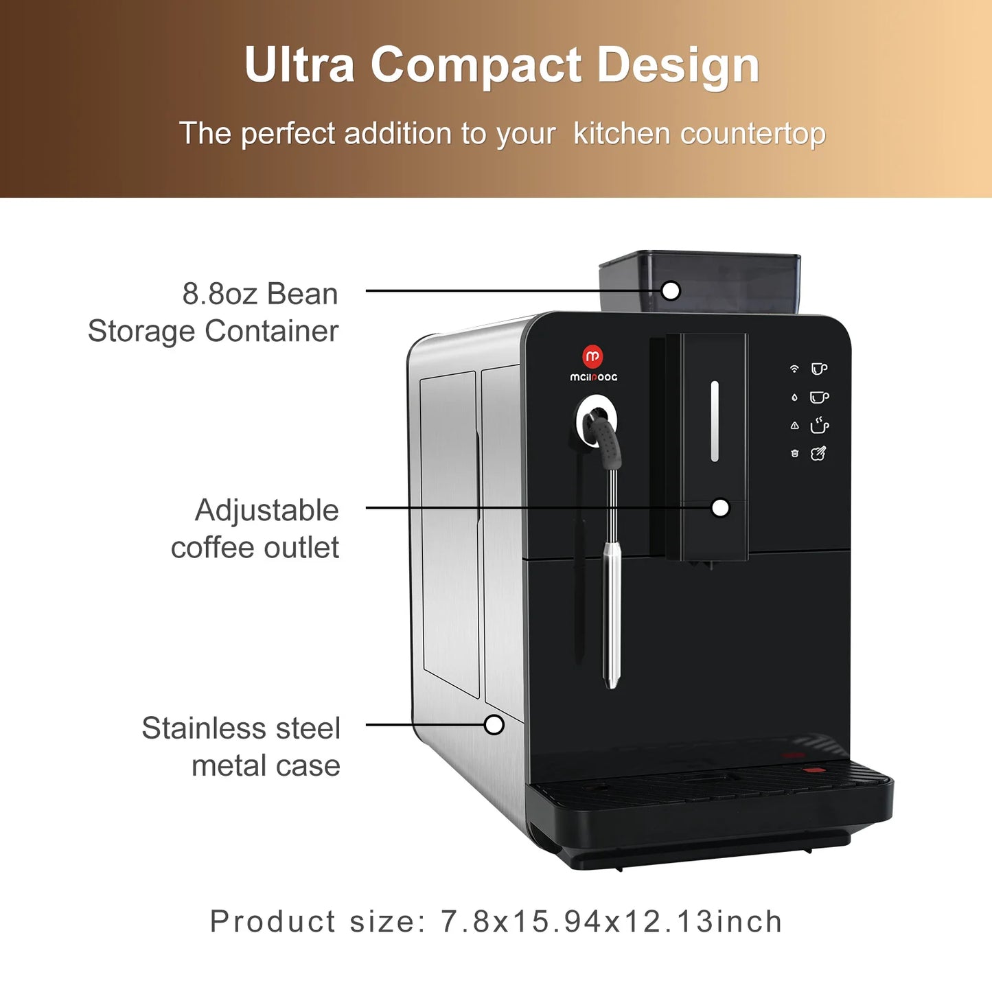 Mcilpoog HI02 Fully Automatic Espresso Machine with Grinder & Steamer, WiFi Connected,, 5 Flavors for Home and Office.Silver