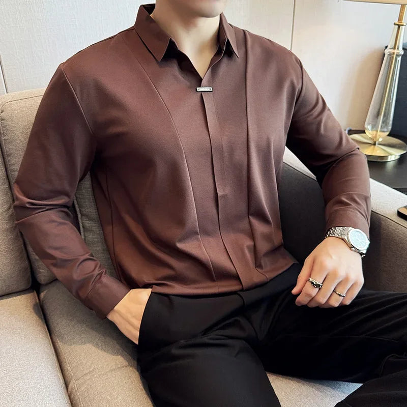 Men Long Sleeved Polo Shirt 2026 Spring British Style Solid Casual Elastic Slim Fit T-shirt Formal Dress Polo Shirt Men Clothing