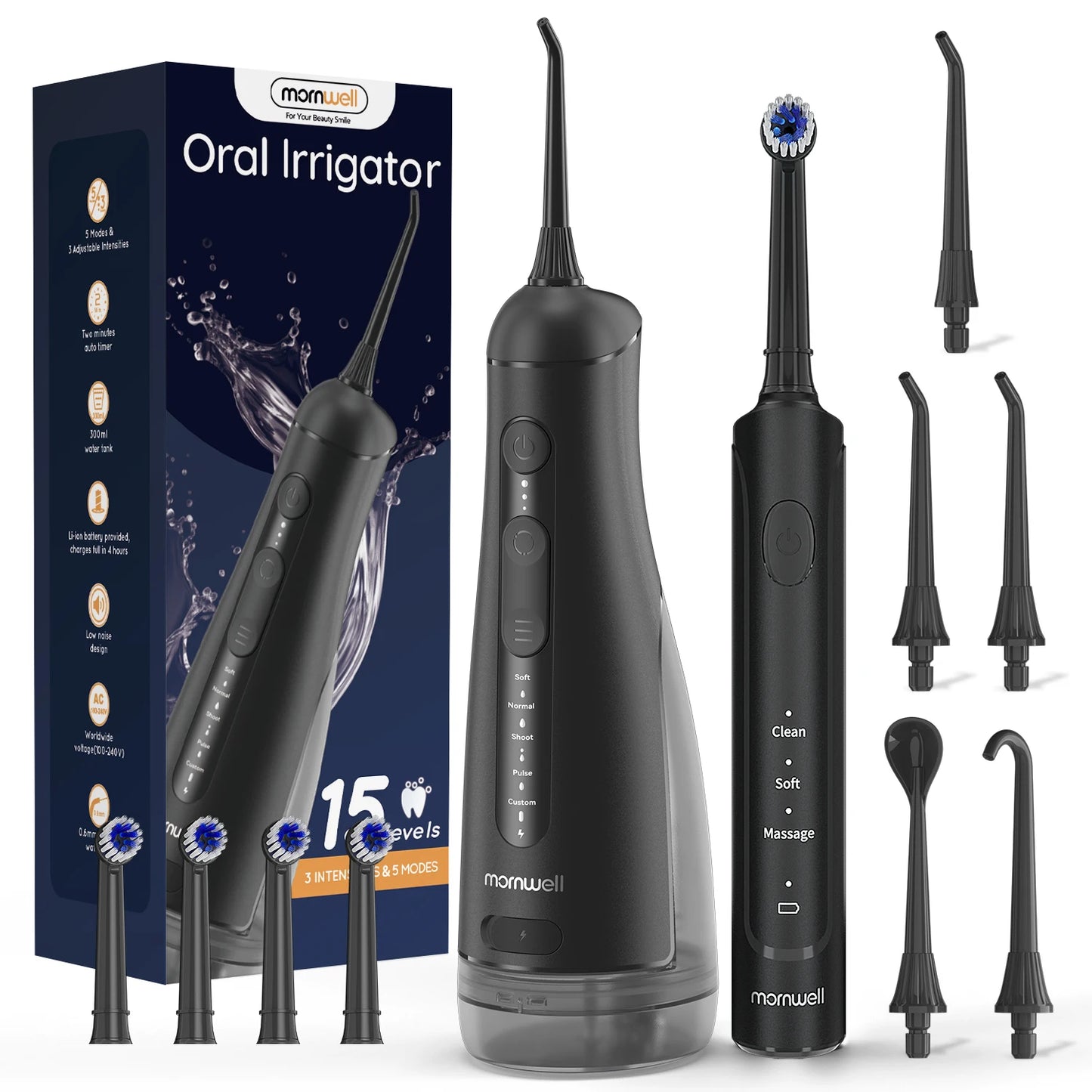 Mornwell 2.0 Electric Toothbrush & Water Flosser Combo, 6 Jet Tips, 4 Brush Heads, IPX7 Waterproof Design for Complete Oral Care