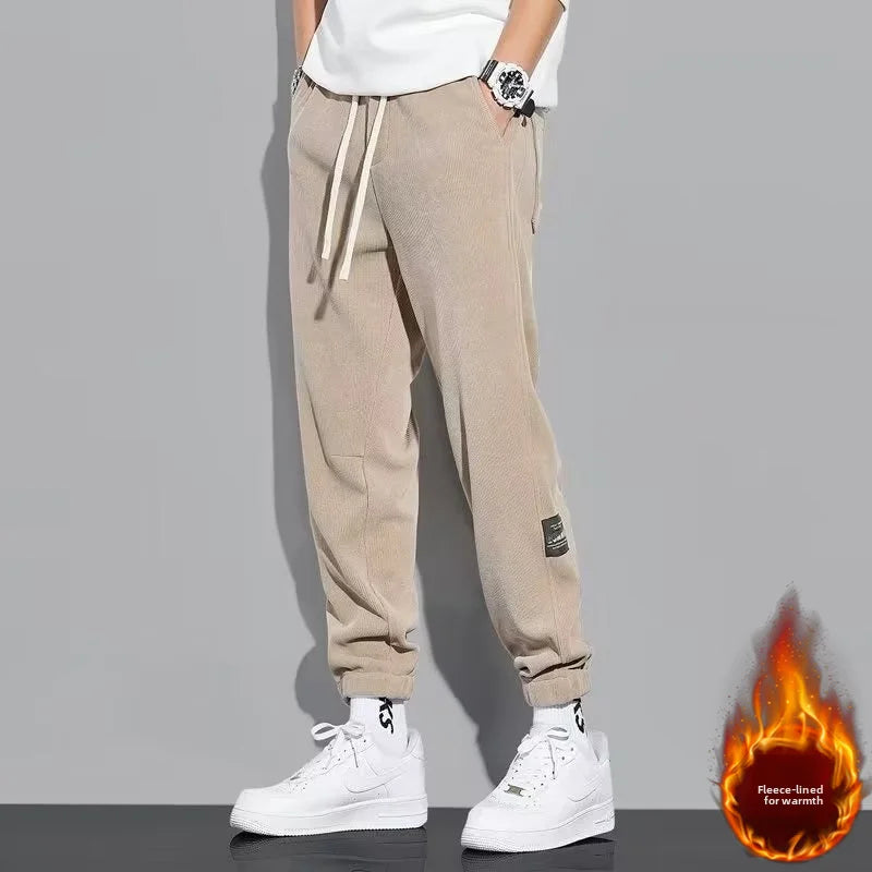 Trendy Retro Corduroy Joggers Men's Autumn Winter 2025 New Fleece Lined Loose Sports Casual Pants Comfortable Long Trousers