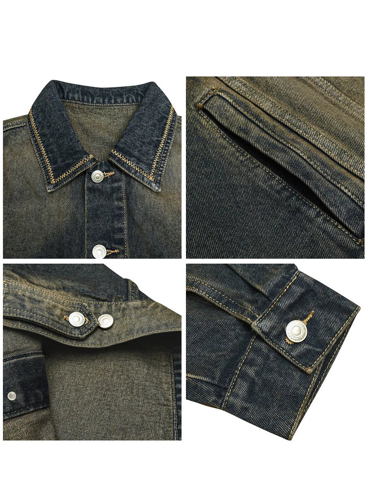 American Vintage Heavyweight Denim Jackets For Men Distressed Washed Fade Korean Streetwear Casual Coat Outerwear High Quality