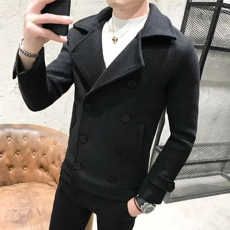Men's Woolen Coat Short Thickened Winter Fashionable Slim Fit Double Breasted Nylon Jacket Korean Style Windbreaker Outerwear