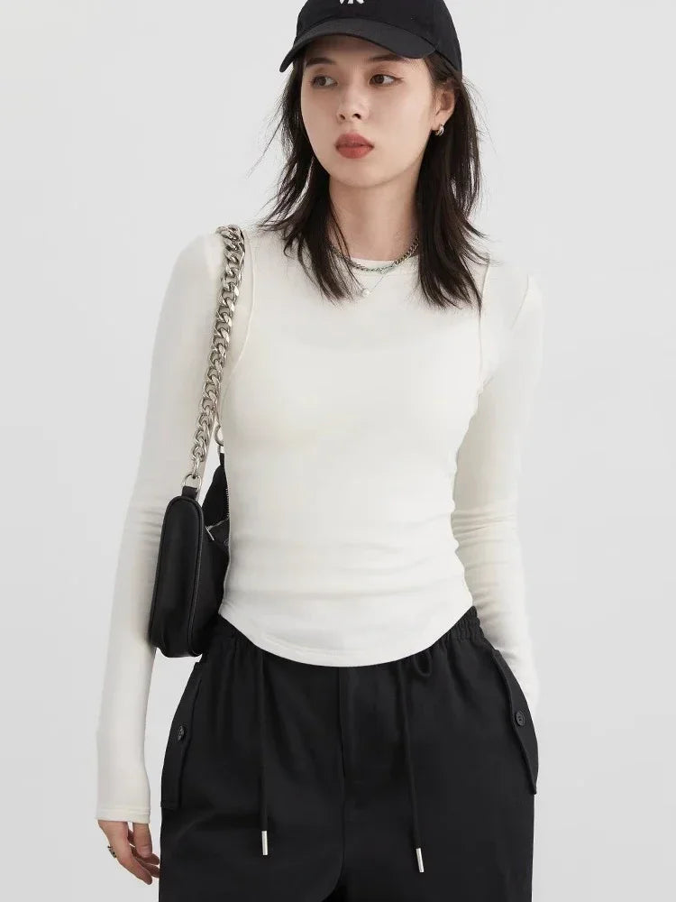 CHIC VEN Women T-Shirts Solid New Basic Heating Cashmere Round Neck Woman Tees Slim Fit Female Tops Spring Autumn 2024