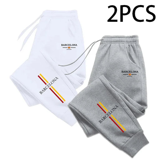 2pcs of 1 Pack Men's Sweatpants Barcenola Print Casual Sporty Jogger Pants Fall Winter Home Outdoor Comfort Warm Trousers 2 in 1