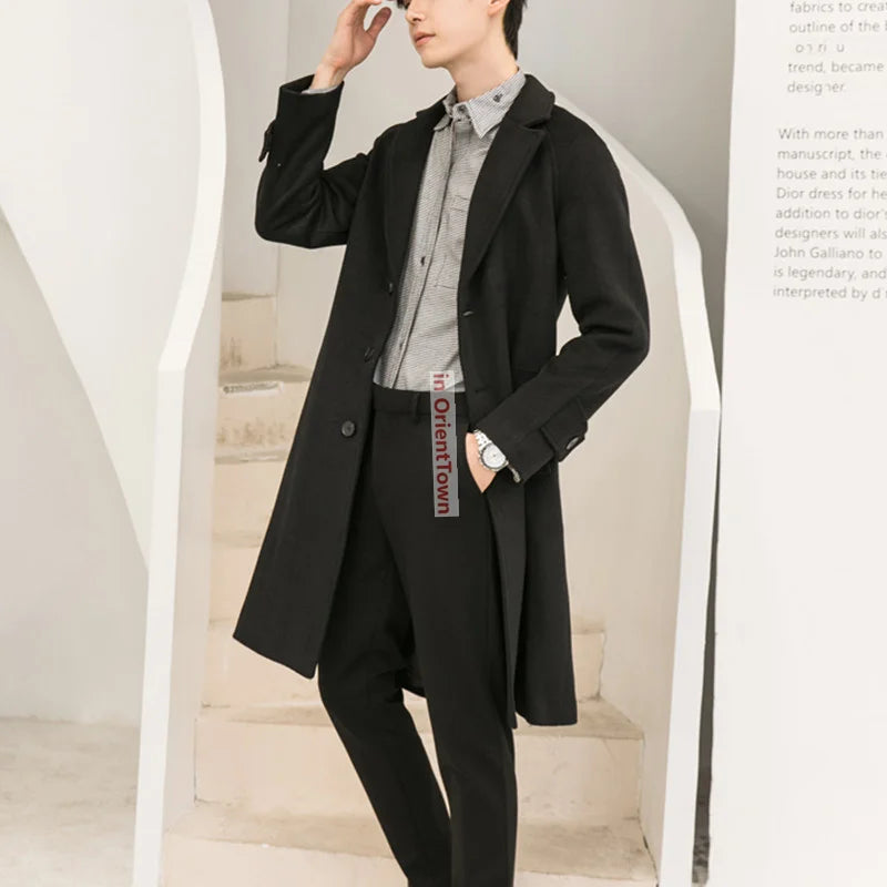 Thickened Slim Fit Lapel Trench Coat for Autumn and Winter Long Woolen Overcoat for Men Double-Sided Woolen Cashmere Windbreaker