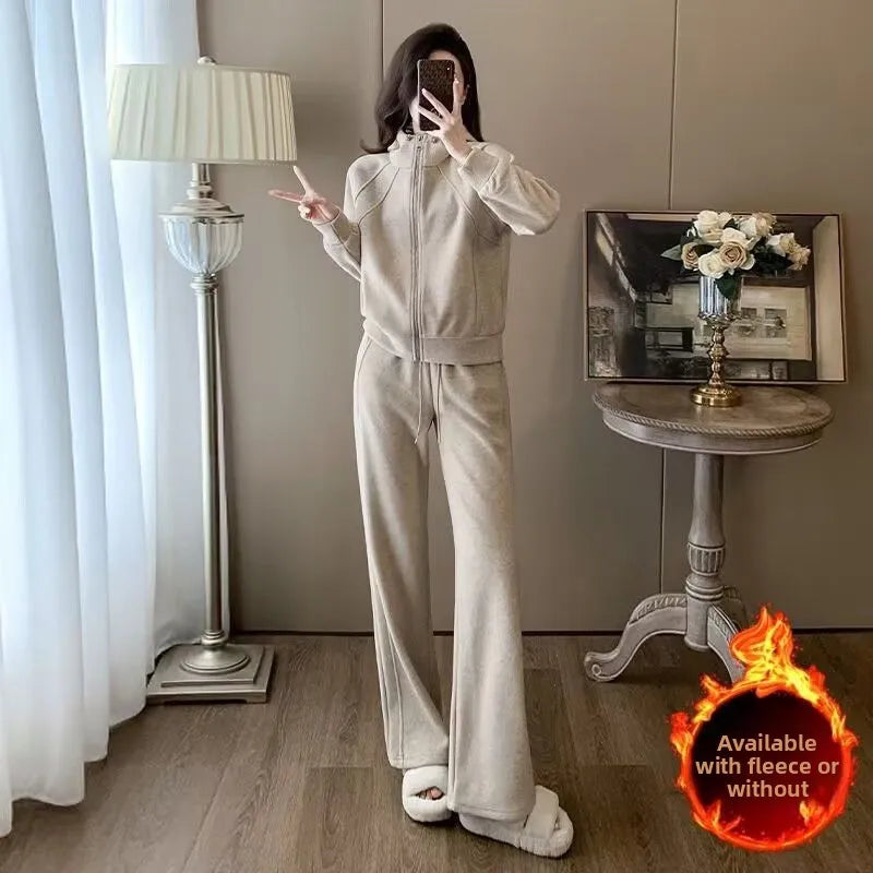 Korean Style Casual Sportswear Set Women's Autumn Winter Slimming Simple Fleece Zipper Sweatshirt Wide Leg Pants Two Piece Set