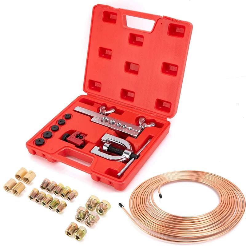 25Ft 3/16'' Brake Line Kit with 16 Fittings and 4 Unions Brake Pipe Fittings,Brake Line Double & Single Flaring Tool Kit