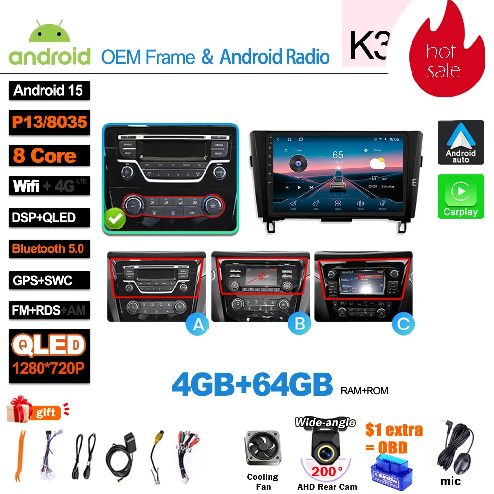 Car Radio For Nissan X-Trail Qashqai 2 J1T32 Qashqai J10 J11 2014 2015 2016 2017 2018 2019 Wireless WIFI GPS Carplay Auto DVD