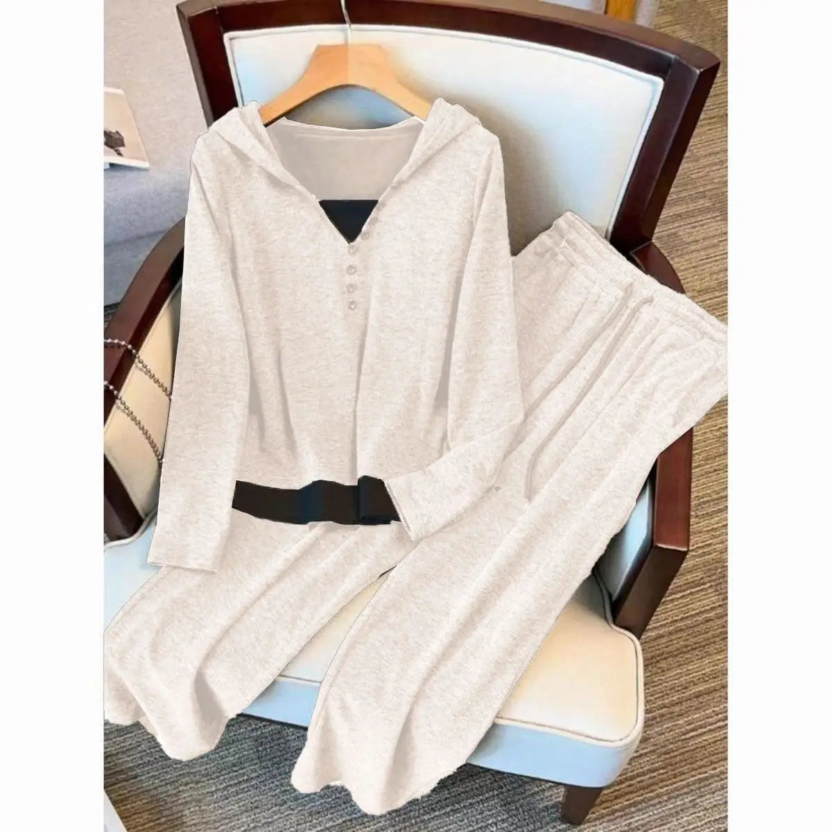 Black Soft Plush 2025 New Style Hooded Patchwork Casual Sporty Spring Autumn Leisure Cotton Pants Set Fashionable Trousers