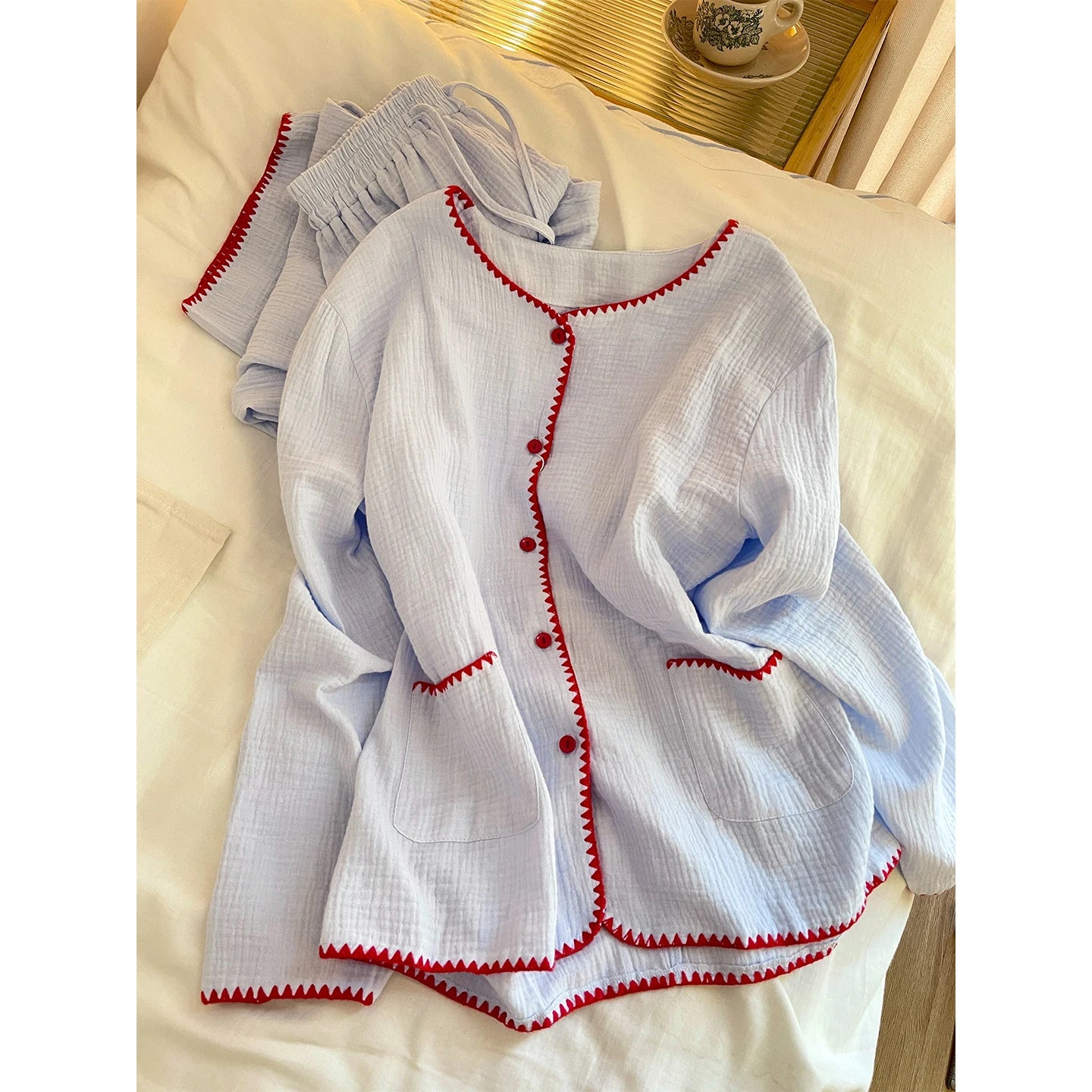 Casual Cotton Pajamas Long Sleeve Sleepwear Women's Spring Autumn Style Comfortable Home Clothes Set Wide Leg Pants Outfit