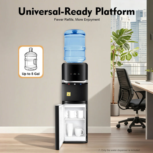 Water Dispenser Black Rectangle PP Injection Molding Floor Standing US Plug 110 127V 60Hz 1.5m Cord 75W Cooling 550W Heating 0.75L H Cold Output 5L H Hot Output Cold Water 10 15℃ Hot Water 85 95℃ Max 18.9L Bucket Indoor A