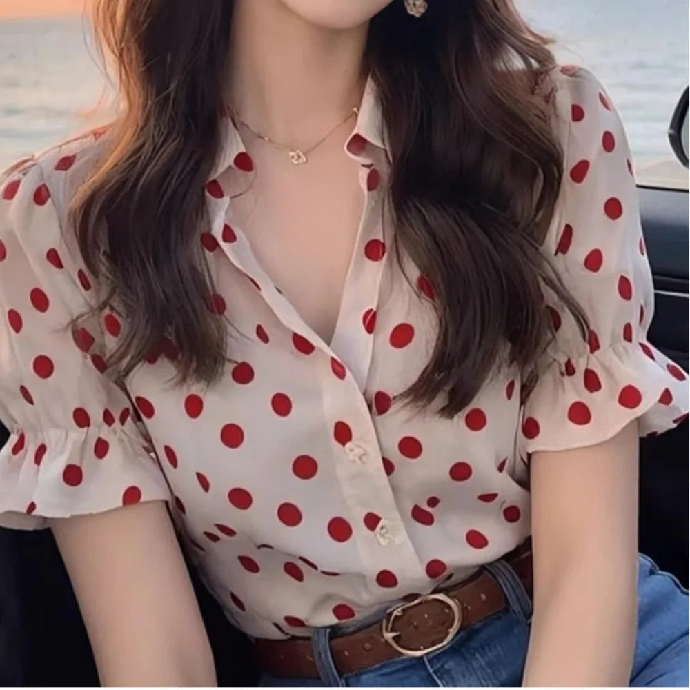 Ladies Fashion Loose Simplicity Elegant Trend Vintage Women's Shirt Buttons Polka Dot Flare Sleeve Temperament Short Sleeve Top