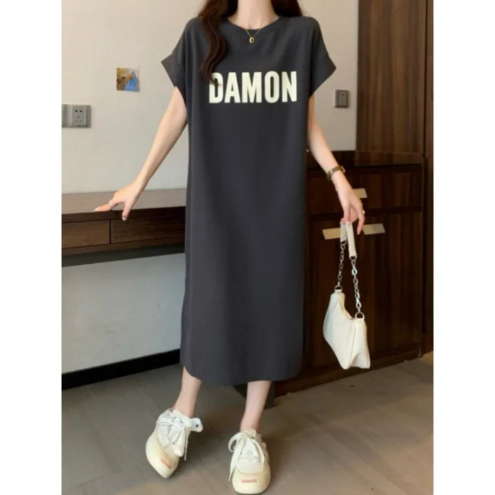Women's Loose Letter Print T-Shirt Dress Summer Casual Short Sleeve Midi Dress Oversized Streetwear Female Long Dress
