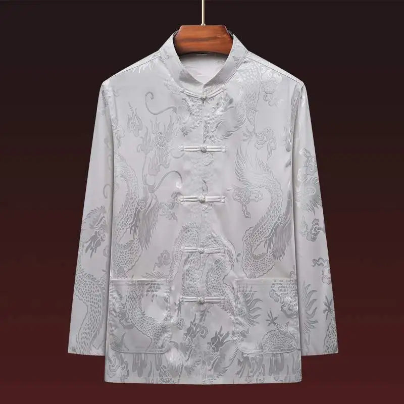 Men's Long Sleeve Ice Silk Tai Chi Suit Traditional Chinese Hanfu Vintage Style Tang Costume Elderly Fashion Dad's Clothing