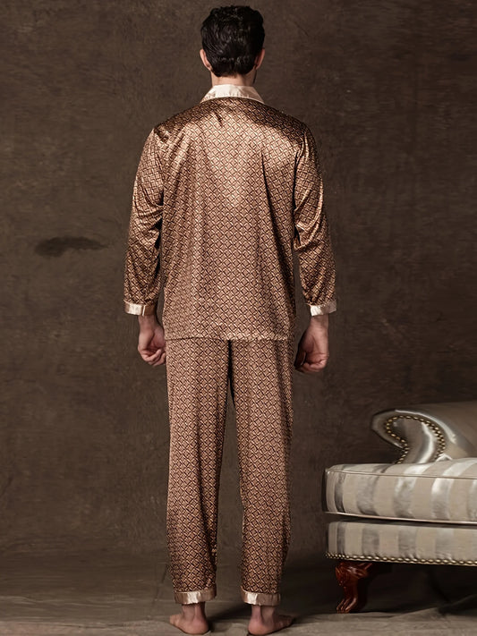 Autumn Men'S Long Retro Print Pajama Set Perfect for Fall/Winter Casual Style Geometric Pattern Long Sleeve Button-Up Pajama Set