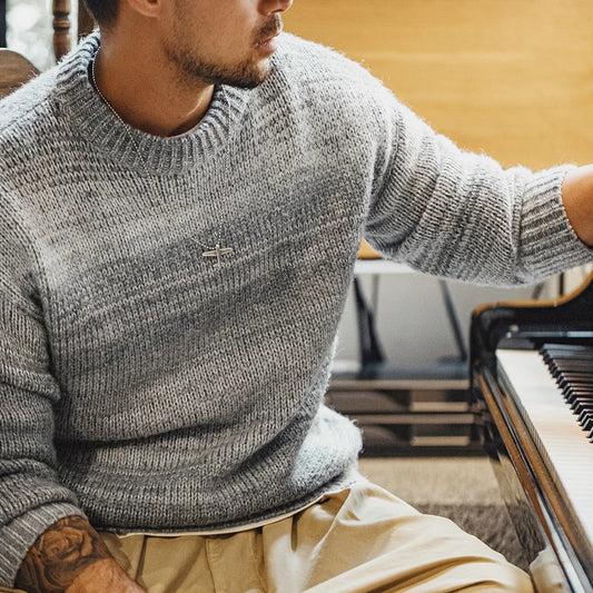 Maden Men's Vintage Gradient Stripe Sweater Round Neck Blended Knitted Pullover Warm Base-layer knitwear for Autumn and Winter